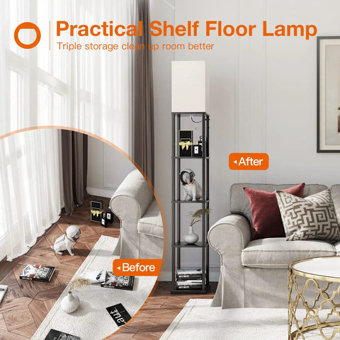 Five-Tier LED Shelf Floor Lamp With White Shade And 3CCT Bulb Foot Switch Space Saving Built-In Shelves beside sofa in living room