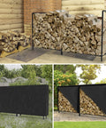 Collage of 8ft Heavy Duty Firewood Rack with Weather Resistant 600D Oxford Cover outdoors, showcasing storage and cover.