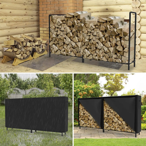 Collage of 8ft Heavy Duty Firewood Rack with Weather Resistant 600D Oxford Cover outdoors, showcasing storage and cover.