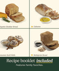Image showing jalapeño cheddar bread, ciabatta, cinnamon swirl rolls, and multigrain bread with a recipe booklet included.
