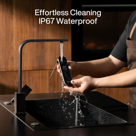 InstaProbe Core Instant Read Meat Thermometer IP67 waterproof under running tap, kitchen cleaning demo.