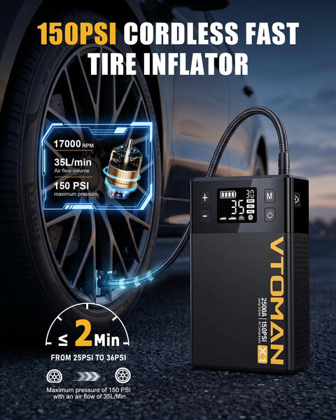 All In One Jump Starter With Air Compressor Tire Inflator Portable Power Pack And Lithium Jump Box For Cars Up To 8.5L Gas Or 6L Diesel 150 PSI 12V Booster Emergency Charger Be Ready On The Road