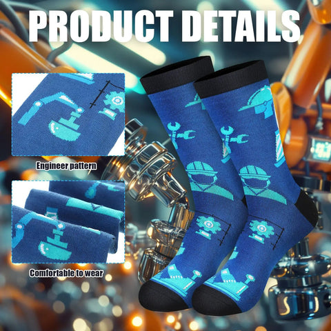 Blue Engineer Pattern Crew Socks - Four Pairs Engineer Socks For Men Funny Novelty Crew Socks Gift Idea For Dad Grandpa Fathers Day Birthday Occupation Gift Engineering Lovers Ideal Gift For Engineers And Geeky Dads, Size US 6-12
