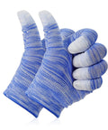 Pair of blue and grey knitted protective gloves on a white background