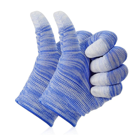 Pair of blue and grey knitted protective gloves on a white background