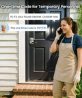 Top Notch Zinc Alloy Keypad Door Lock With Satin Nickel Finish Programmable Smart Keyless Entry featuring a woman using a one-time access code.
