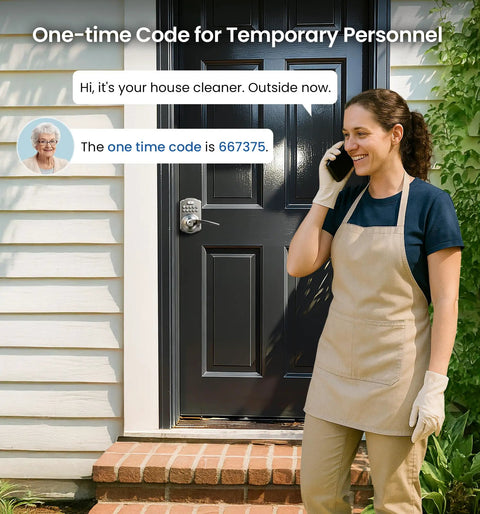 Top Notch Zinc Alloy Keypad Door Lock With Satin Nickel Finish Programmable Smart Keyless Entry featuring a woman using a one-time access code.