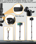 Overhead Camera Mount Desk Stand With 3 Section Detachable Arm And 360 Degree Ball Head showing padded clamp and sections.