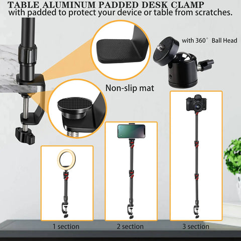 Overhead Camera Mount Desk Stand With 3 Section Detachable Arm And 360 Degree Ball Head showing padded clamp and sections.