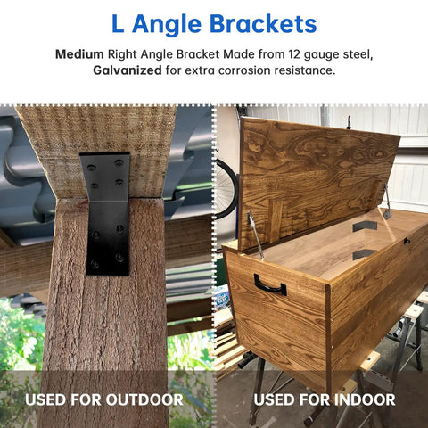 Beefy Galvanized L Brackets 1.5 By 3 By 3 Inch Eight Pack installed on wood for indoor and outdoor use