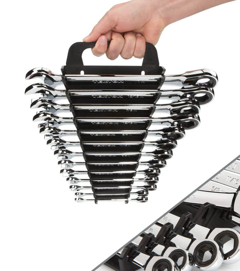 Ratcheting Wrench Set, Thirteen Piece, From Quarter Inch To One Inch, With Wrench Holder, Six Point Box Ends Grip Flat Sides, Durable Steel Kit