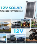 Two Pack 15W Solar Battery Maintainer with Smart Controller for 12V vehicles, including RVs, boats, and motorcycles.