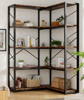 Straight Up Solid Five Tier Corner Bookshelf L Shaped Large Bookcase Rustic Brown Open Shelving Unit showing books and decor.