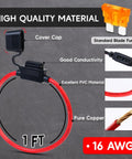 Pack of 5 Heavy Duty Inline Fuse Holders with 16AWG Copper Wire and Waterproof Caps for Auto Marine RV and Solar Projects Includes 35 Assorted Blade Fuses for Wicked Reliable Power Solution showing 1 ft wire, cover cap, and fuse features.