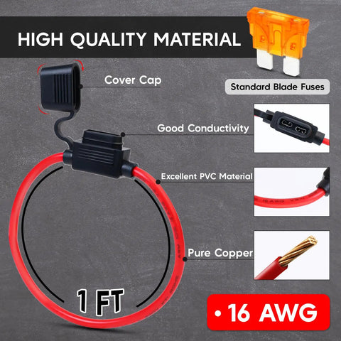 Pack of 5 Heavy Duty Inline Fuse Holders with 16AWG Copper Wire and Waterproof Caps for Auto Marine RV and Solar Projects Includes 35 Assorted Blade Fuses for Wicked Reliable Power Solution showing 1 ft wire, cover cap, and fuse features.