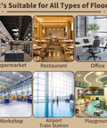 Image showing various floor types where Heavy Duty 17 Inch Floor Polisher Carpet Cleaning Machine can be used: supermarket, restaurant, office, workshop, airport station, playground.