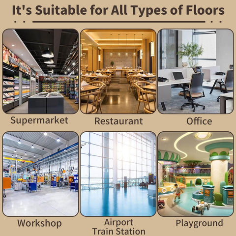 Image showing various floor types where Heavy Duty 17 Inch Floor Polisher Carpet Cleaning Machine can be used: supermarket, restaurant, office, workshop, airport station, playground.