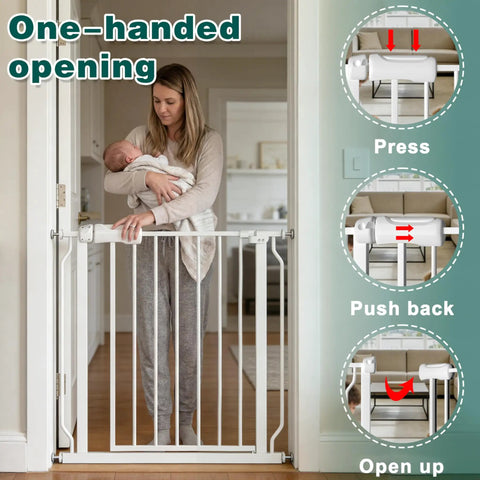 Woman holding baby using a one-handed opening Walk Through Baby Gate With Door, Adjustable 29.5 To 52.5 Inch Wide, pressure mounted.