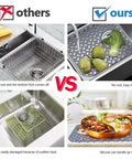 Comparison of metal vs. silicone sink mats showing 'Two Pack Silicone Sink Protector Mats For Kitchen Sinks No Slip Scratch Resistant Grid Mats For Rear Drain Gray 13.58 X 11.6 Inches Keeps Counters Safe And Scratch Free' with silicone's heat resistance and easy cleaning