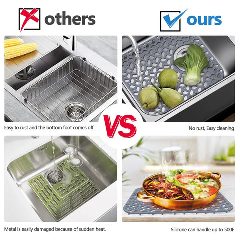 Comparison of metal vs. silicone sink mats showing 'Two Pack Silicone Sink Protector Mats For Kitchen Sinks No Slip Scratch Resistant Grid Mats For Rear Drain Gray 13.58 X 11.6 Inches Keeps Counters Safe And Scratch Free' with silicone's heat resistance and easy cleaning