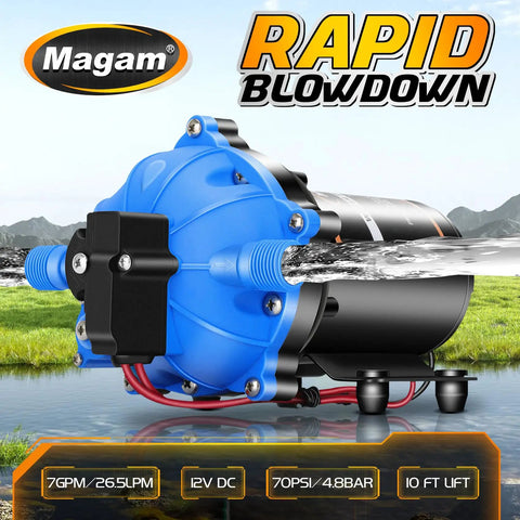 12 Volt RV Fresh Water Pump With Five Chamber Self Priming Diaphragm, Delivers 7 GPM At 70 PSI heavy duty blue design
