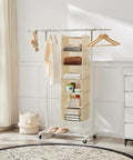 Six Tier Hanging Closet Organizer Shelf With Cloth Fabric And Two Sturdy Hooks Foldable Beige Storage Solution for clothes