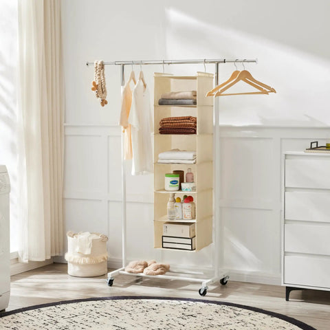 Six Tier Hanging Closet Organizer Shelf With Cloth Fabric And Two Sturdy Hooks Foldable Beige Storage Solution for clothes