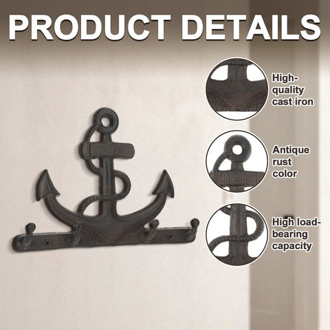 Badass Vintage Vibes 10 Inch Cast Iron Nautical Anchor Hook For Heavy Duty Wall Storage And Totally Rad Farmhouse Decor with four loops.