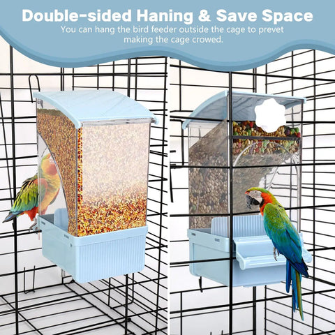 No Sweat Hassle Free Automatic Bird Feeder With Green Comfort Perch For Cage, double-sided design for easy access.