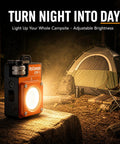 Portable Camping Light 3500LM LED Lantern Rechargeable with tent and camping gear in background at night