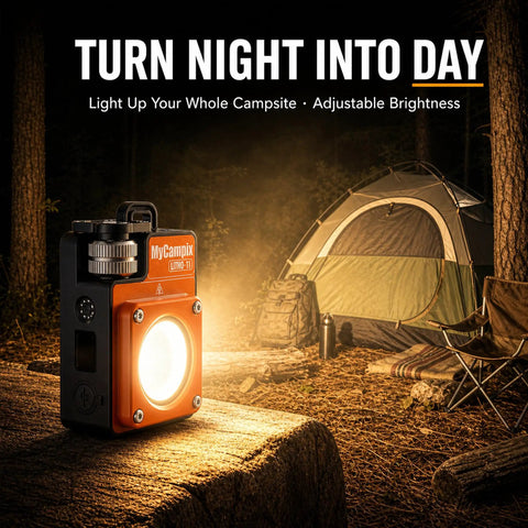 Portable Camping Light 3500LM LED Lantern Rechargeable with tent and camping gear in background at night