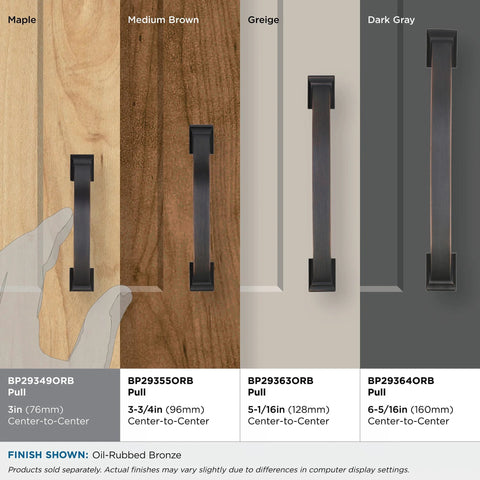 Comparison of Oil Rubbed Bronze Cabinet Pulls in various sizes and finishes for kitchen cabinets and furniture hardware.