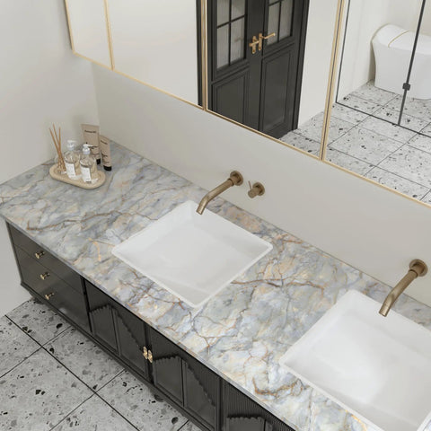 Blue Gold Marble Contact Paper 31.5x157 In Peel And Stick Vinyl Wallpaper for cabinets walls countertops shelves drawers and desks removable waterproof oil proof heat resistant easy to clean applied on bathroom countertop