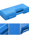 Blue carrying case for Pro Grade Knockout Hole Punch Set From Half Inch To Two Inch with close-up of textured handle and latch