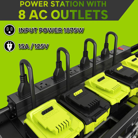 Heavy Duty Power Tool Organizer Wall Mount With Charging Station And Eight Outlet Power Strip Pro Grade Four Layer Drill Holder