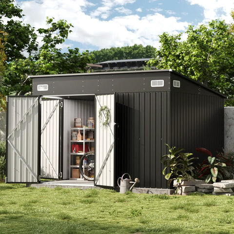 Outdoor Waterproof Storage Shed With 360 Cu Ft Capacity 9.4 By 7.3 Feet Heavy Duty Metal Garden Tool Shed With Triple Lockable Doors