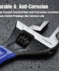 Close-up of a six-inch adjustable wrench with wide jaw for medium bolts M6 to M16, beefy heavy duty CR-V steel, black oxide finish.