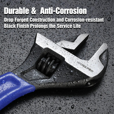 Close-up of a six-inch adjustable wrench with wide jaw for medium bolts M6 to M16, beefy heavy duty CR-V steel, black oxide finish.