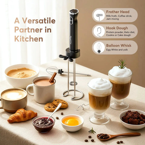 Rechargeable Milk Frother for Home Baristas With 1800mAh Battery, 9 Speeds And 3 Whisk Attachments shown with coffee and pastries
