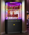 71 Inch Tall Corner Bar Cabinet With App Control And Motion Sensor LED Lighting displaying liquor with mirror back and glass doors.