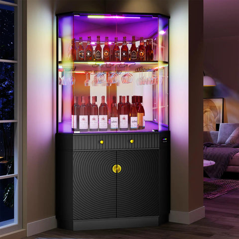 71 Inch Tall Corner Bar Cabinet With App Control And Motion Sensor LED Lighting displaying liquor with mirror back and glass doors.