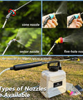 Battery Powered Garden Sprayer 1.35 Gallon Backpack With Three Mist Nozzles demonstrating spray patterns.