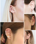 Rose Gold Unisex Stud Earrings Set For Women And Men 4 Pairs Of Dope Comfortable Studs In Circle Triangle Ball Shapes With 7.5mm Bars And 10mm Posts Easy Secure Butterfly Backs Hypoallergenic And Safe Everyday Wear. visible on ears, 925 sterling silver posts