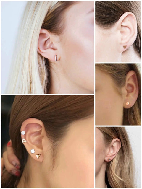 Rose Gold Unisex Stud Earrings Set For Women And Men 4 Pairs Of Dope Comfortable Studs In Circle Triangle Ball Shapes With 7.5mm Bars And 10mm Posts Easy Secure Butterfly Backs Hypoallergenic And Safe Everyday Wear. visible on ears, 925 sterling silver posts
