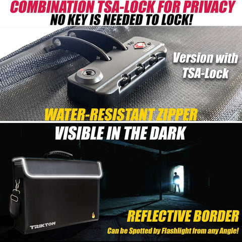 XXL Boss Level Fireproof and Waterproof Document Bag with TSA Lock and reflective border in dark setting