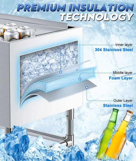 Ice Bin Cart With Wheels For Outdoor Parties And Patio Events A Portable Insulated Cooler Cart On The Go With Sliding Lid Removable Handle And Drain Pipe Large Capacity Ice Storage Bin For Easy Party Prep showing premium insulation layers of stainless steel and foam.