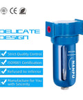 Zinc Alloy Desiccant Air Dryer Inline Filter And Moisture Separator With Poly Bowl 3/8 NPT shown with certifications and design highlights