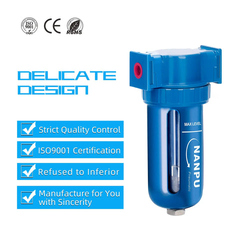 Zinc Alloy Desiccant Air Dryer Inline Filter And Moisture Separator With Poly Bowl 3/8 NPT shown with certifications and design highlights