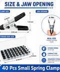 Straight Up Kicking 40 Pack Mini Spring Clamps Heavy Duty Nickel Plated Steel Clips size and jaw opening details with storage box.