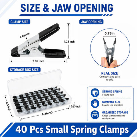 Straight Up Kicking 40 Pack Mini Spring Clamps Heavy Duty Nickel Plated Steel Clips size and jaw opening details with storage box.